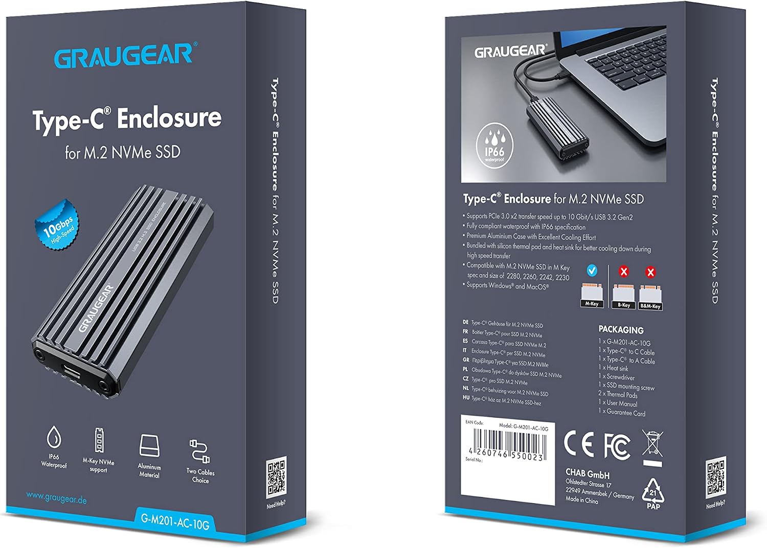 Buy GRAUGEAR 10Gbps M.2 NVMe SSD Enclosure Adapter, IP66 Waterproof ...