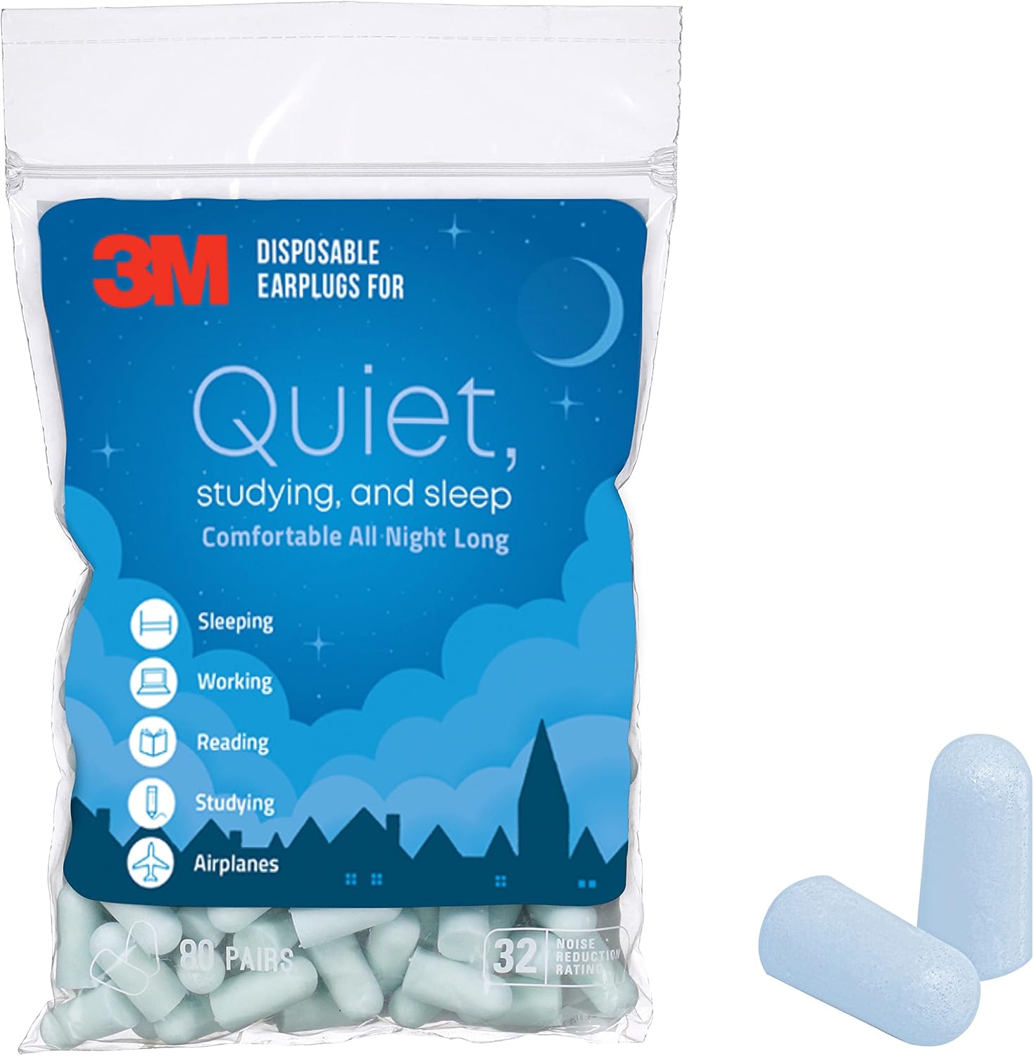 3M Disposable Earplugs for Quiet, Studying & Sleep, Light Blue, 32 NRR, 80 Pairs in a Resealable Bag, Hearing Protection