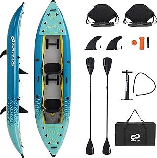 FANTASK kajak aufblasbar, Schlauchboot 2 Personen mit Aluminiumrudern, aufblasbares Kanu gepolstertem Eva-Sitz, Handpumpe & Reparaturset, Kayak 230 kg Gewichtskapazität mit Tragetasche (Türkisblau)