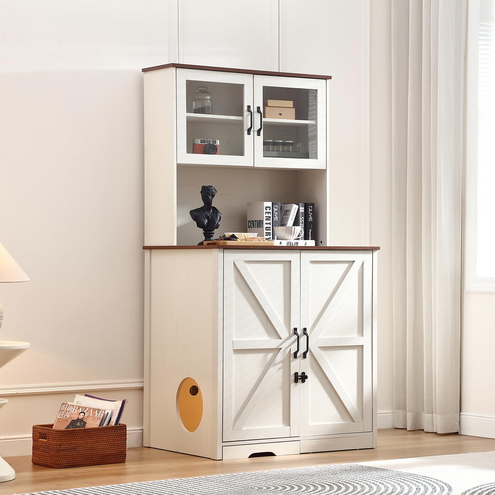 71'' Large Cat Litter Box Enclosure with Super Convenient Litter Collector,for Placing self-Cleaning Litter Box,Litter Cabinet with Outlet and LED,Enough Space for cat stuffs,White