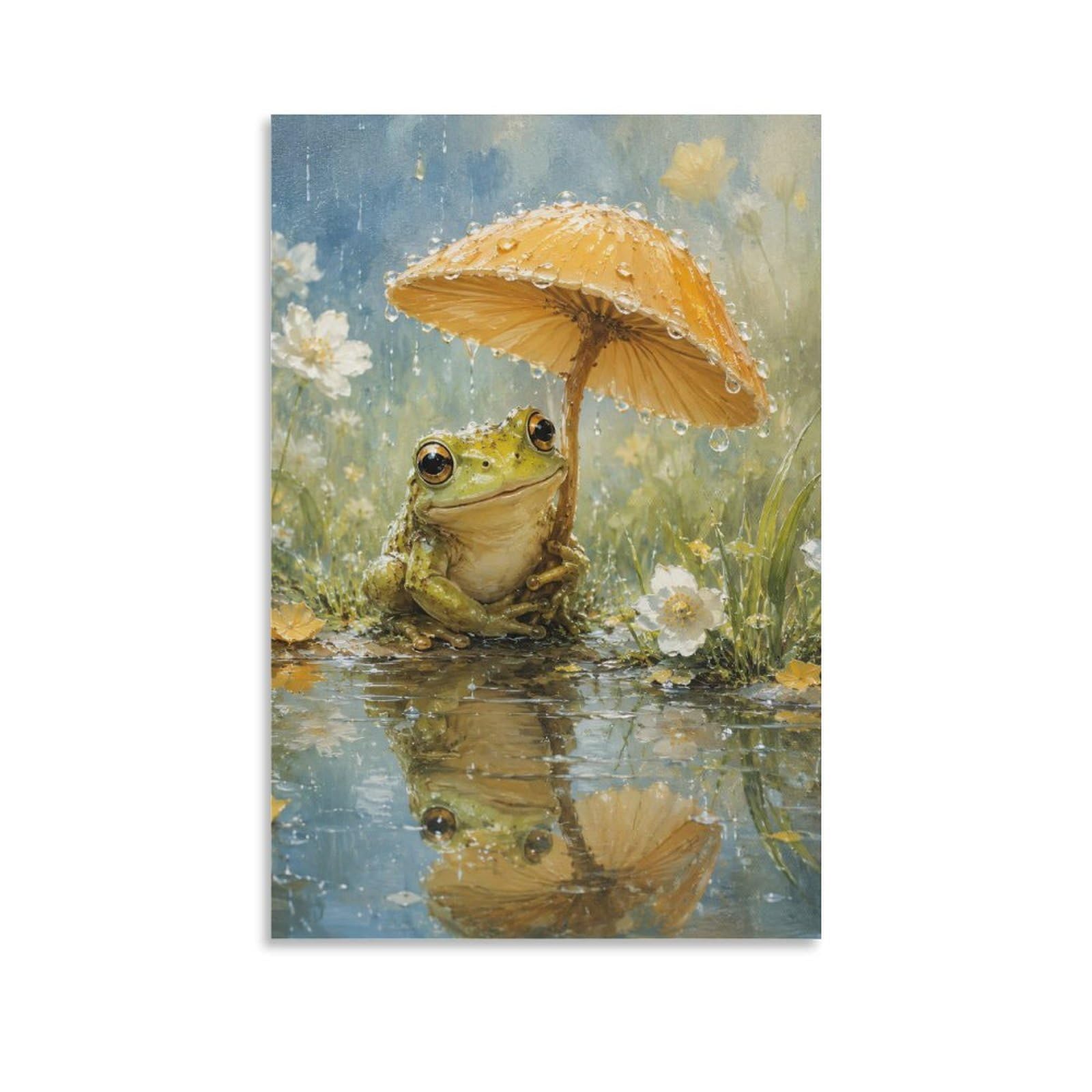 W7C8U2X3 Umbrella Frog Wildflower Canvas Wall Art, Whimsical Nature