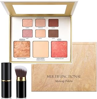 Face Make Up Set,Baked Facial Make Up Palette with Brush For Women,Includes Bronzer, Blush, Highlighter and 6 Eyeshadows,Girls Make up Gifts (Gold 2pc)