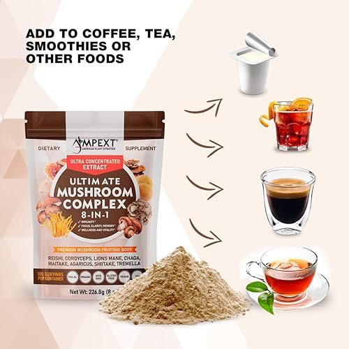Miniatura 5 de Complejo de hongos 8 en 1 una mezcla de extractos solubles en agua de 8 hongos potentes, formulado para apoyar la inmunidad, mejorar la claridad, la