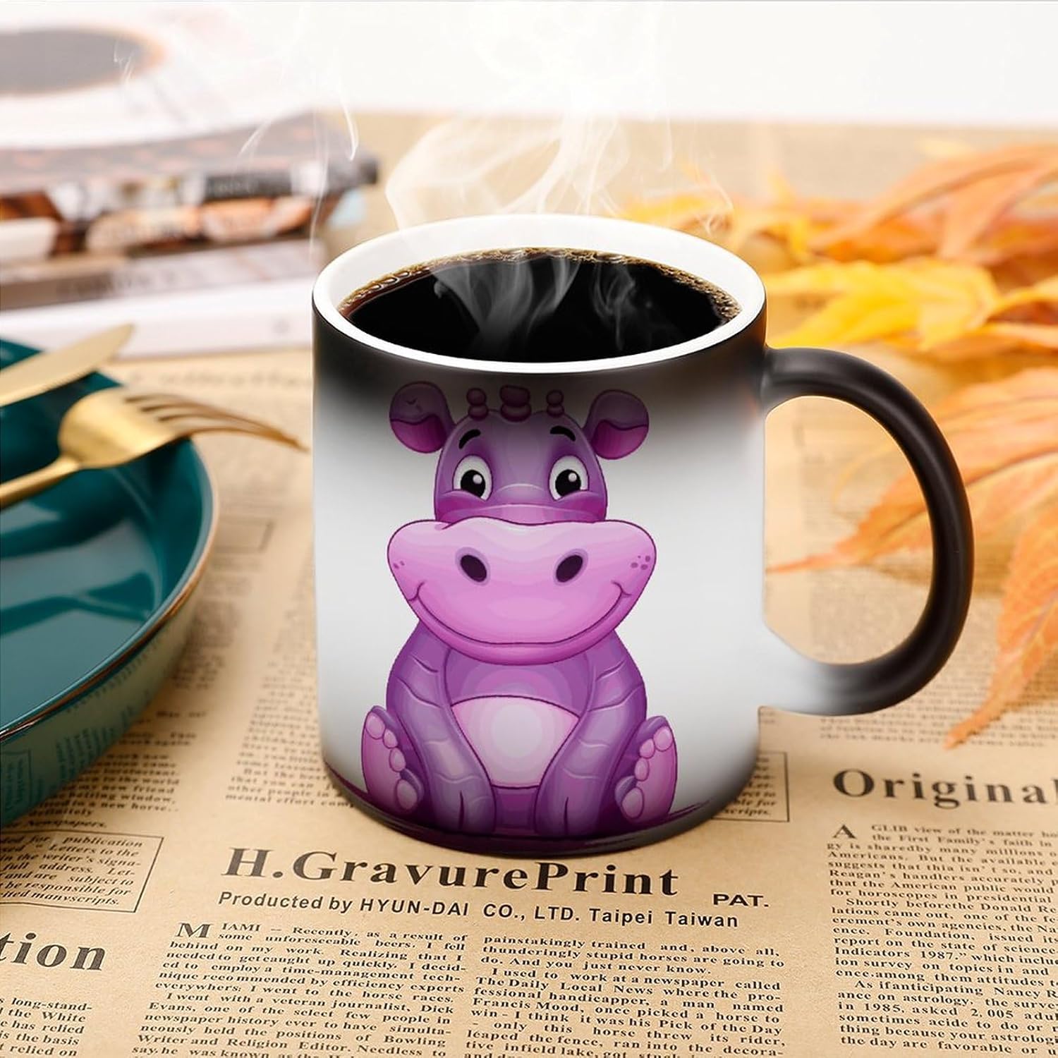 Color Changing Mug Cartoon Purple Hippo Printed Ceramic Coffee Mug Heat Changing Sensitive Mug Magic Heat Changing Coffee Mug Novelty Coffee Mugs