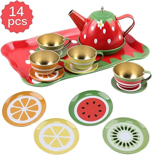Miniatura 7 de Juego de té de 14 piezas con temática de frutas para niños, construido de material seguro para alimentos, sin BPA, perfecto juguete preescolar de