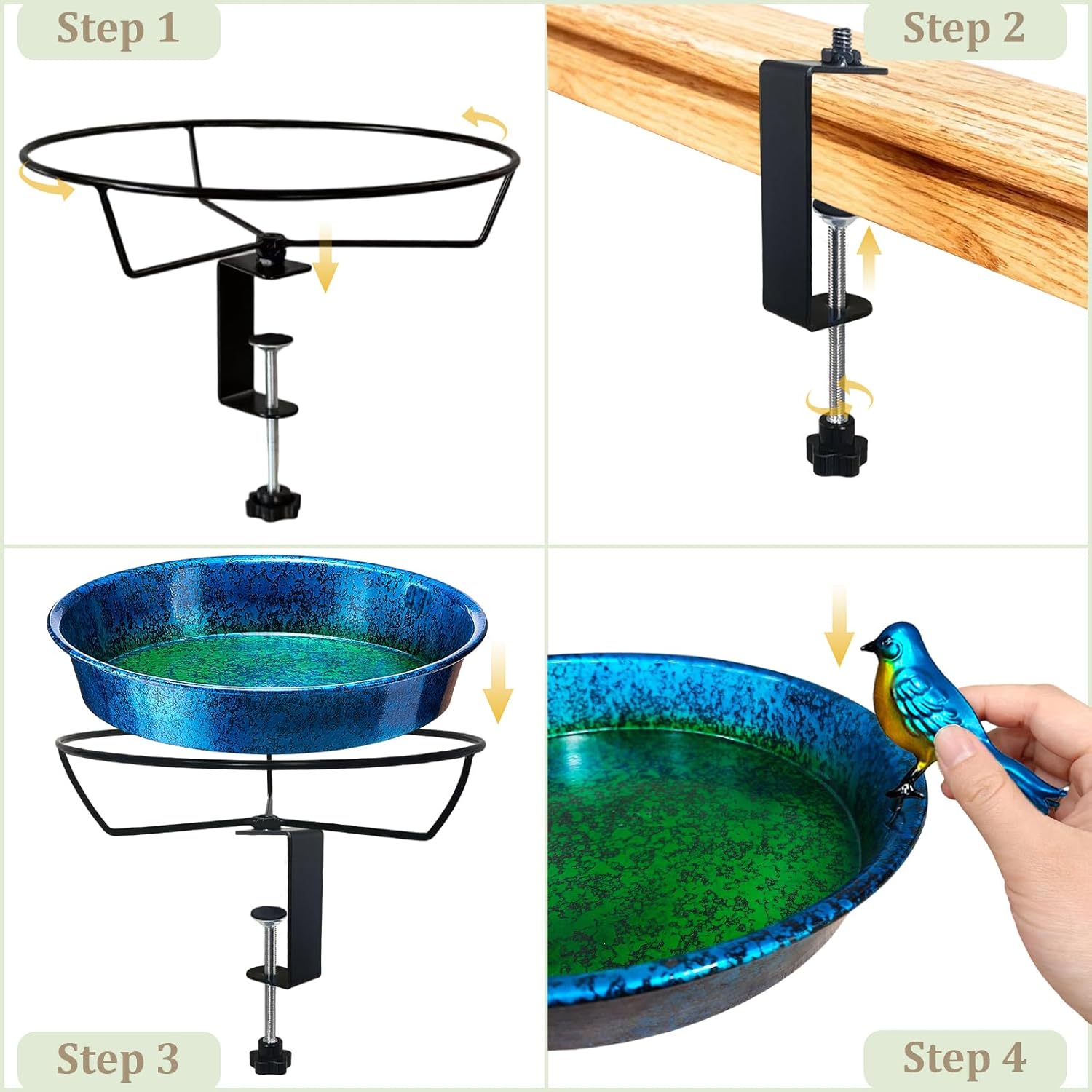 Deck Bird Bath for Outside, 11.5” Blue & Green Birdbath Bowl & Feeder with Adjustable Clamp for Balcony Railing Outdoor Garden Yard Decor
