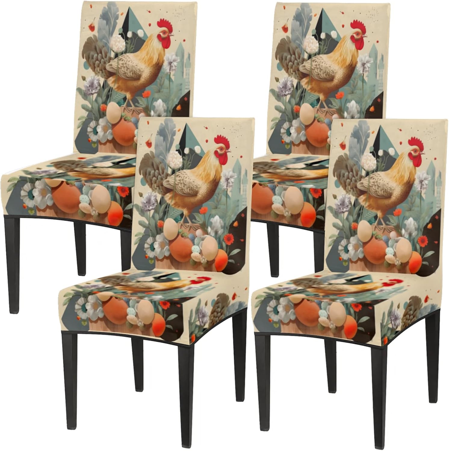 QsirBC Vintage Rooster Flower Stretch Dining Room Chair Covers Set of 6 Chair Slipcovers Removable Washable Kitchen Seat Covers Chair Protectors for Hotel Party Wedding