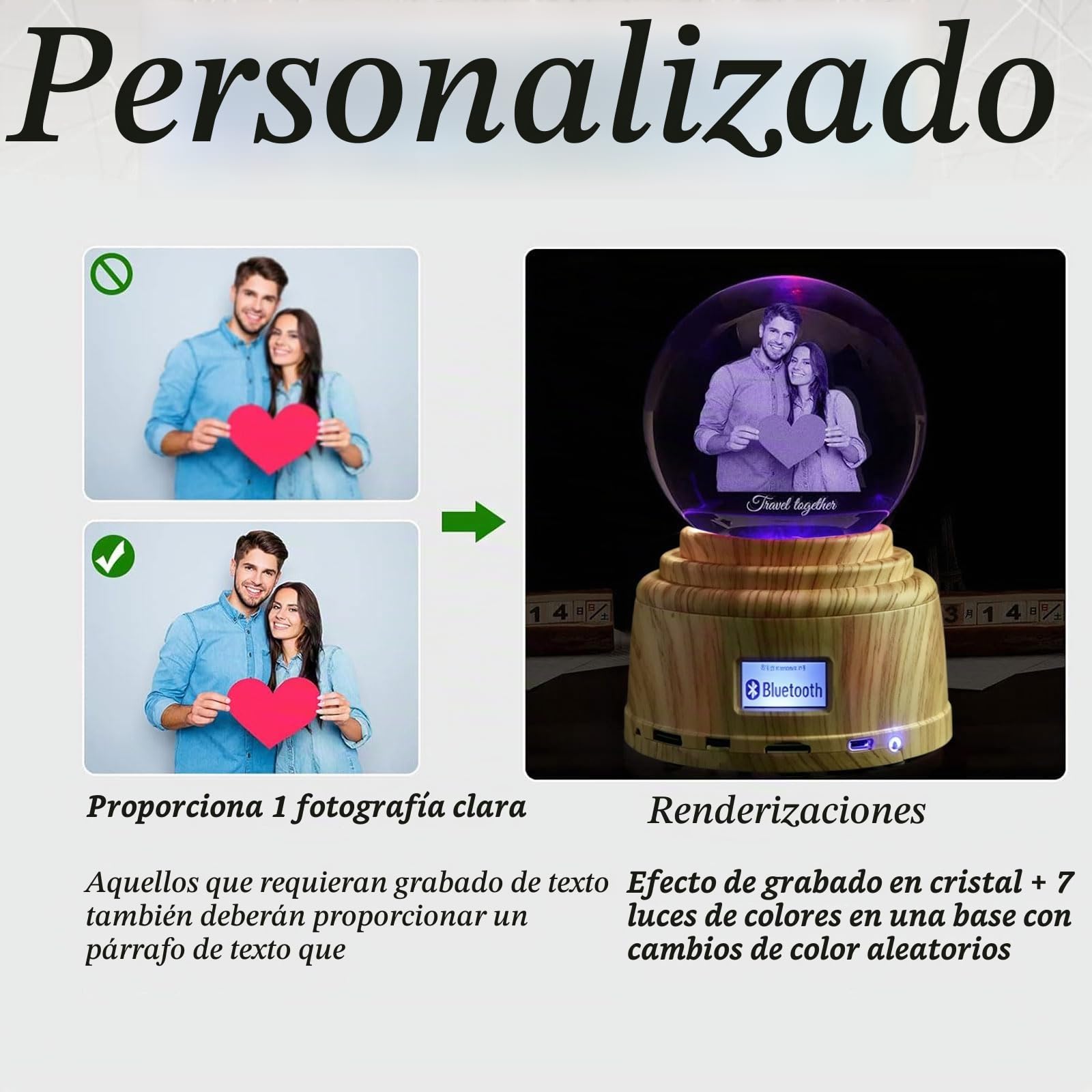 Luz nocturna de bola de cristal personalizada, bola de fotos de cristal 3D personalizada, base LED con luces de colores, regalo personalizado para mujeres, hombres, padres y mamás