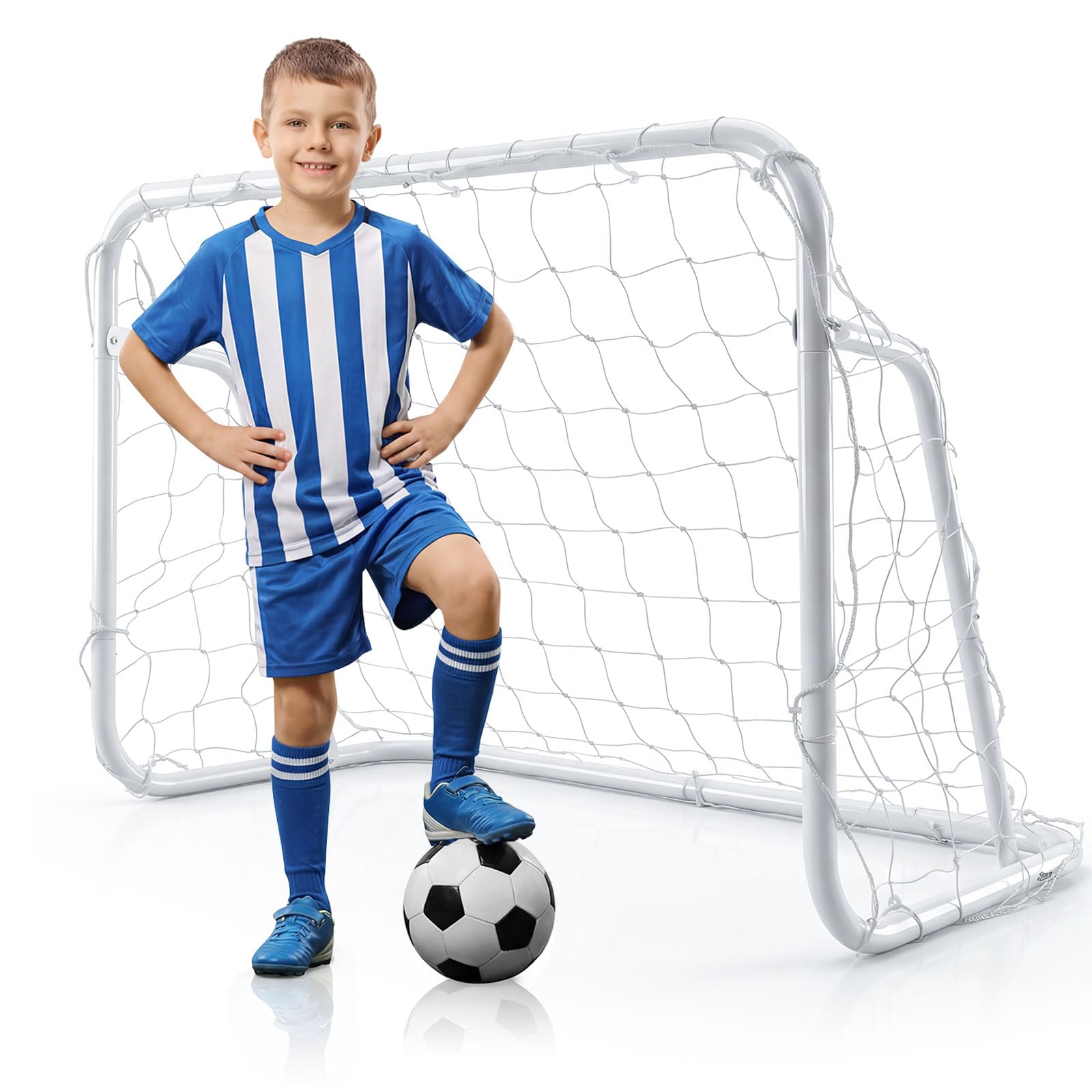 COSTWAY Porta da Calcio per Bambini in Metallo con Rete e 6 Picchetti | Mini Porta da Calcio 121 x 60 x 80 cm per Campo, Giardino e Cortile, Attrezzatura per Allenamento di Tiro