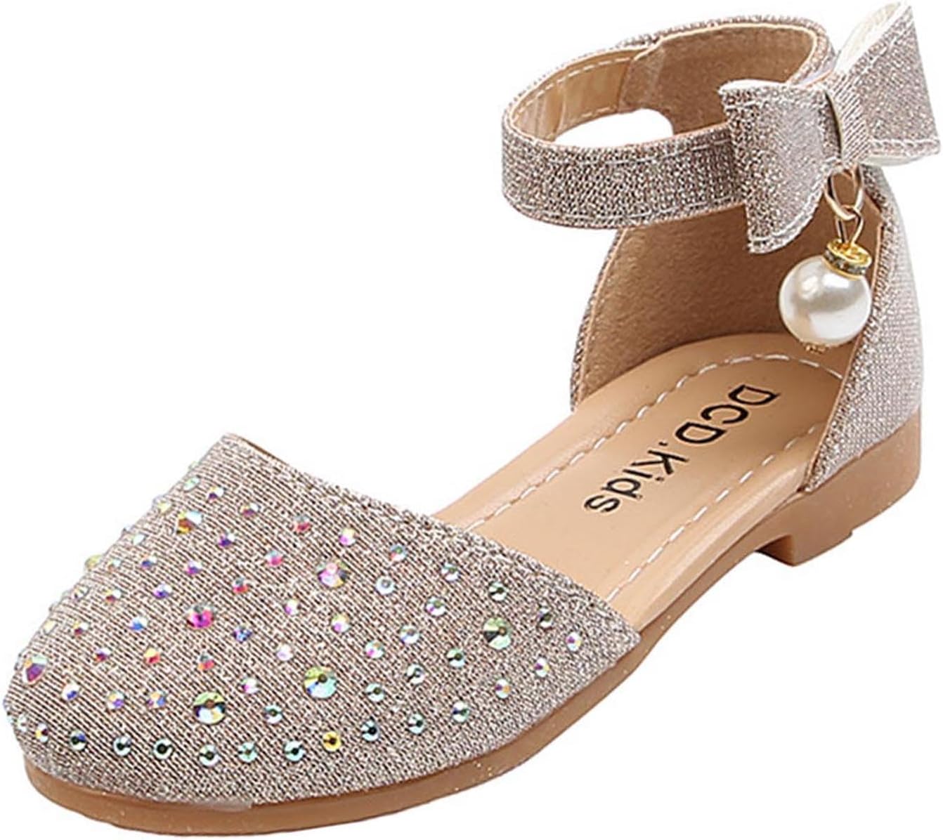 Rhinestone Flats 2026 Girls Dressy Princess Shoes Comfy Pearl Bow Mary Jane Party Wedding Toddler Footwear