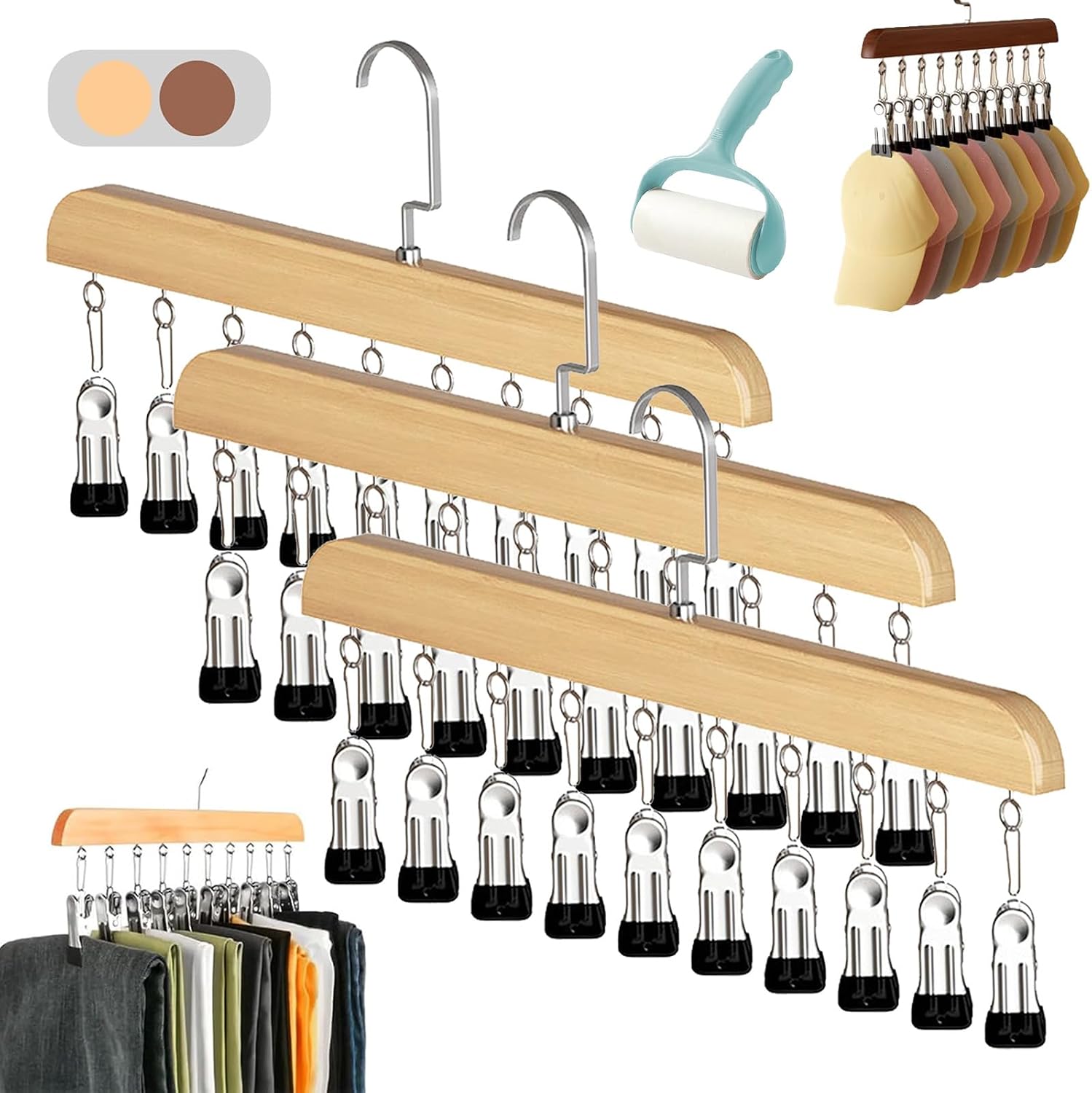 Pure Wood Rotating Closet Organizer - Vertical Space Saver & Wrinkle-Free Storage Solution, 2026 Upgraded Closet Organizer with 12 Clips, Legging Hangers for Closet Organizer, Storage (Light colors*3)
