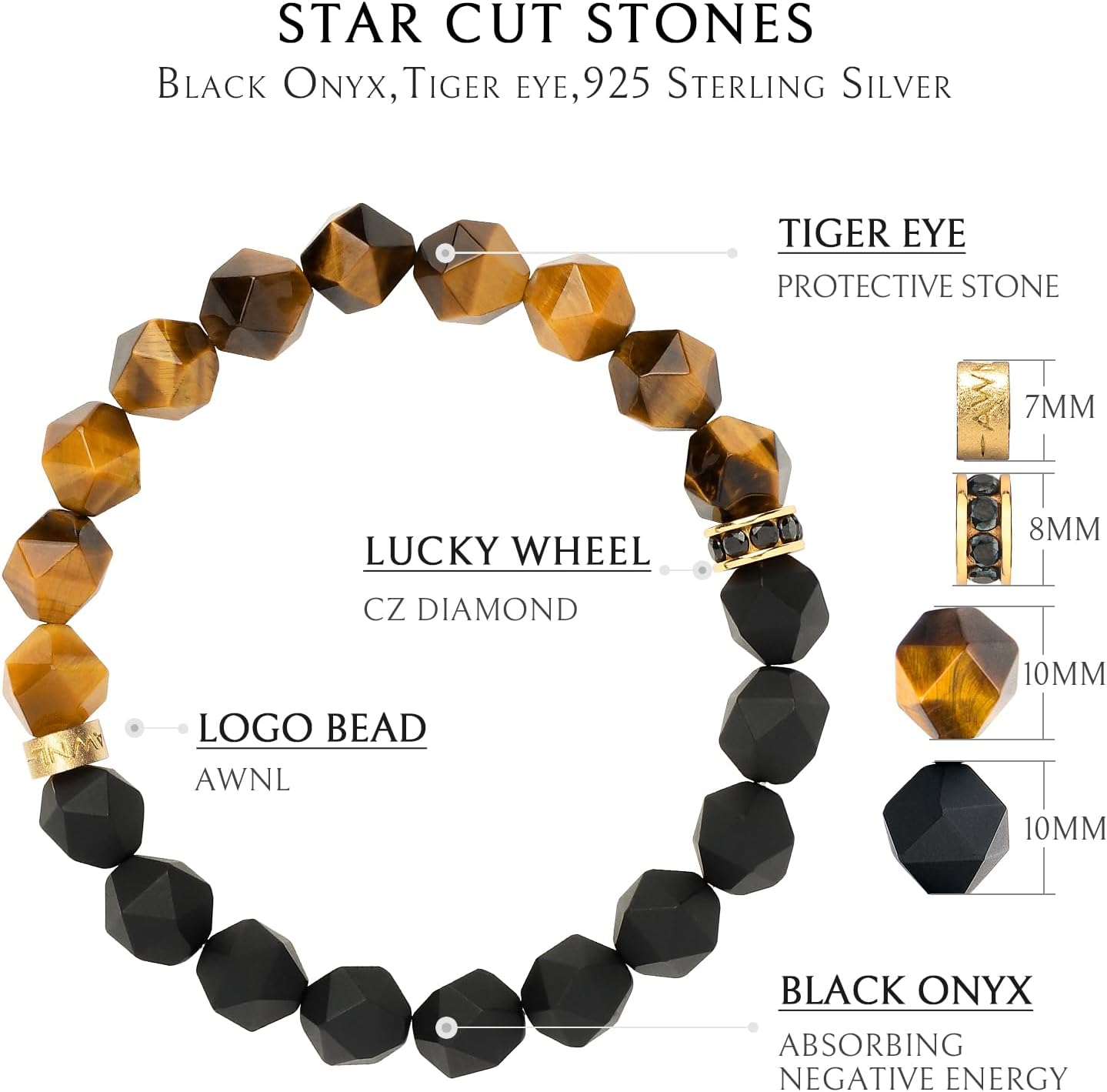 AWNL Beaded Bracelet for Men Tiger Eye Onyx Obsidian Natural Gemstones (10 mm) Premium Sterling Silver Centre Protection Charm Handmade Stretch Bracelet Gift for Men, 5.9''- 8''