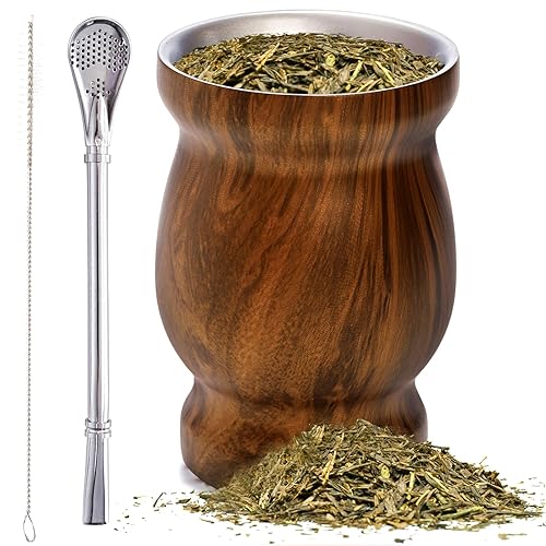 Cididu Yerba Mate Cup and Bombilla Kit, 8 oz Yerba Mate Gourd Set, Double Walled 304 Stainless Steel Classic Mate Cup with Bombilla Yerba Mate Straw and Cleaning Brush, Easy to Clean, Brown