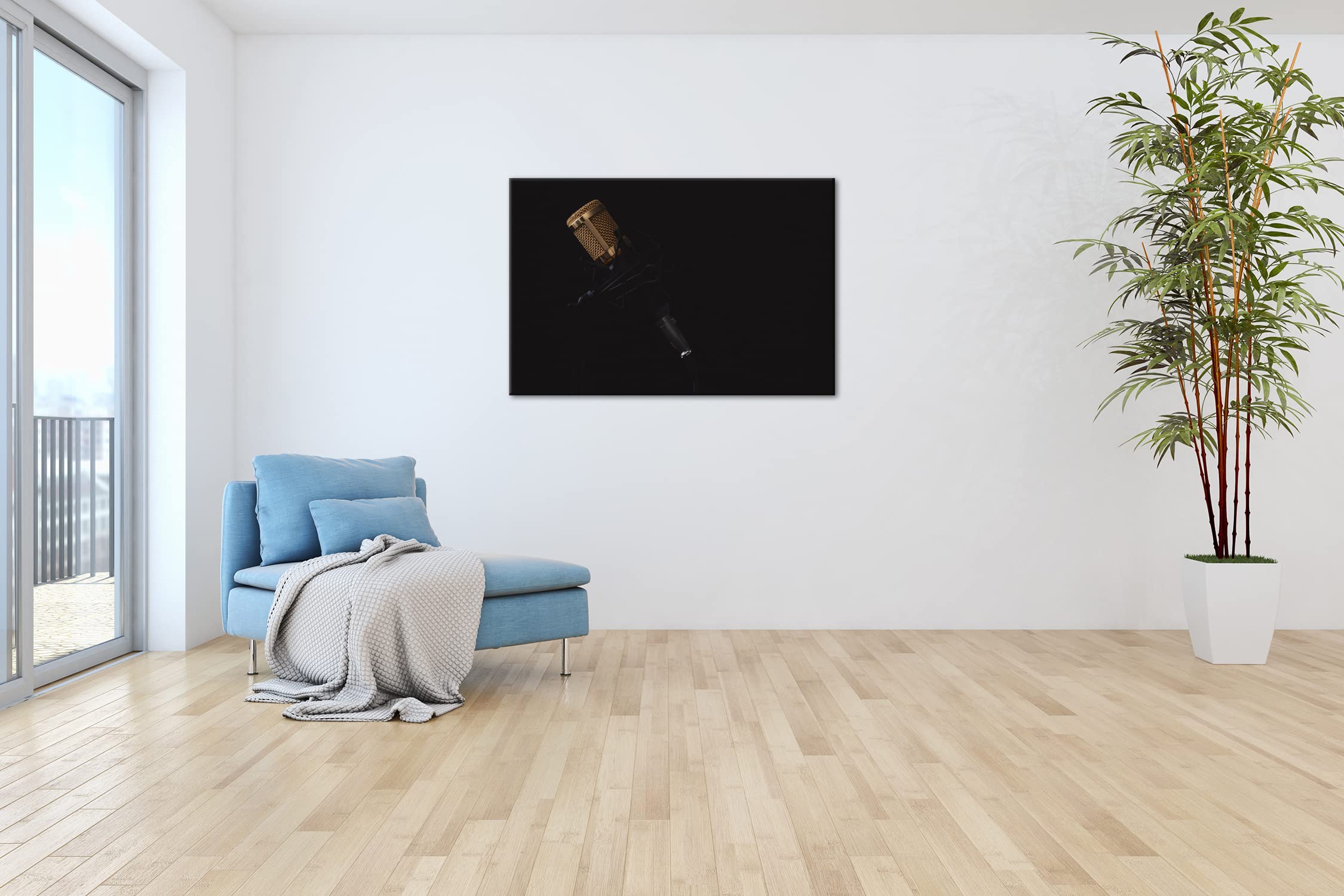 Leinwandbild Mikrofon im dunklen Studio – Magie des Sounds Format: 120x80 cm XXL Kunstdruck Bild auf Keilrahmen/Wandbild/Wohnzimmer Deko