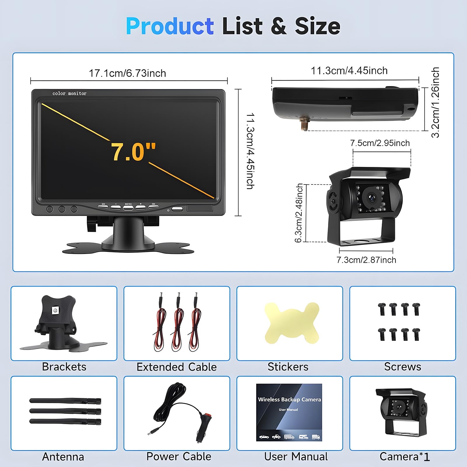 SIXWIN Kit de Camara Trasera Coche Inalambrica HD 1080P, Monitor de 7 Pulgadas con Cámara de Respaldo Inalámbricas para Remolque, Camper, Camión, Autobús, IP68 Impermeable, Visión Nocturna, BSD
