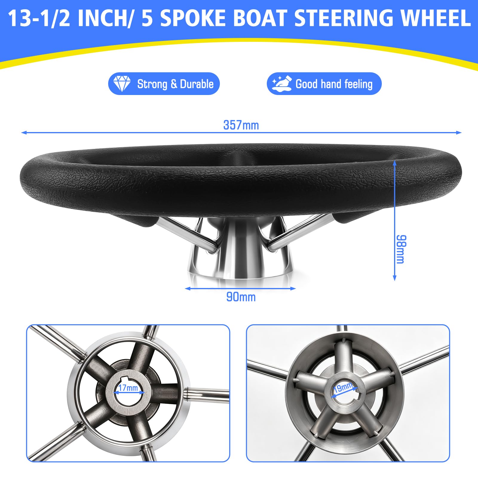 Geloo Volante per barca in acciaio inox con schiuma PU nera a 5 razze da 13-1/2" antiscivolo e anti-sudore (Nero)