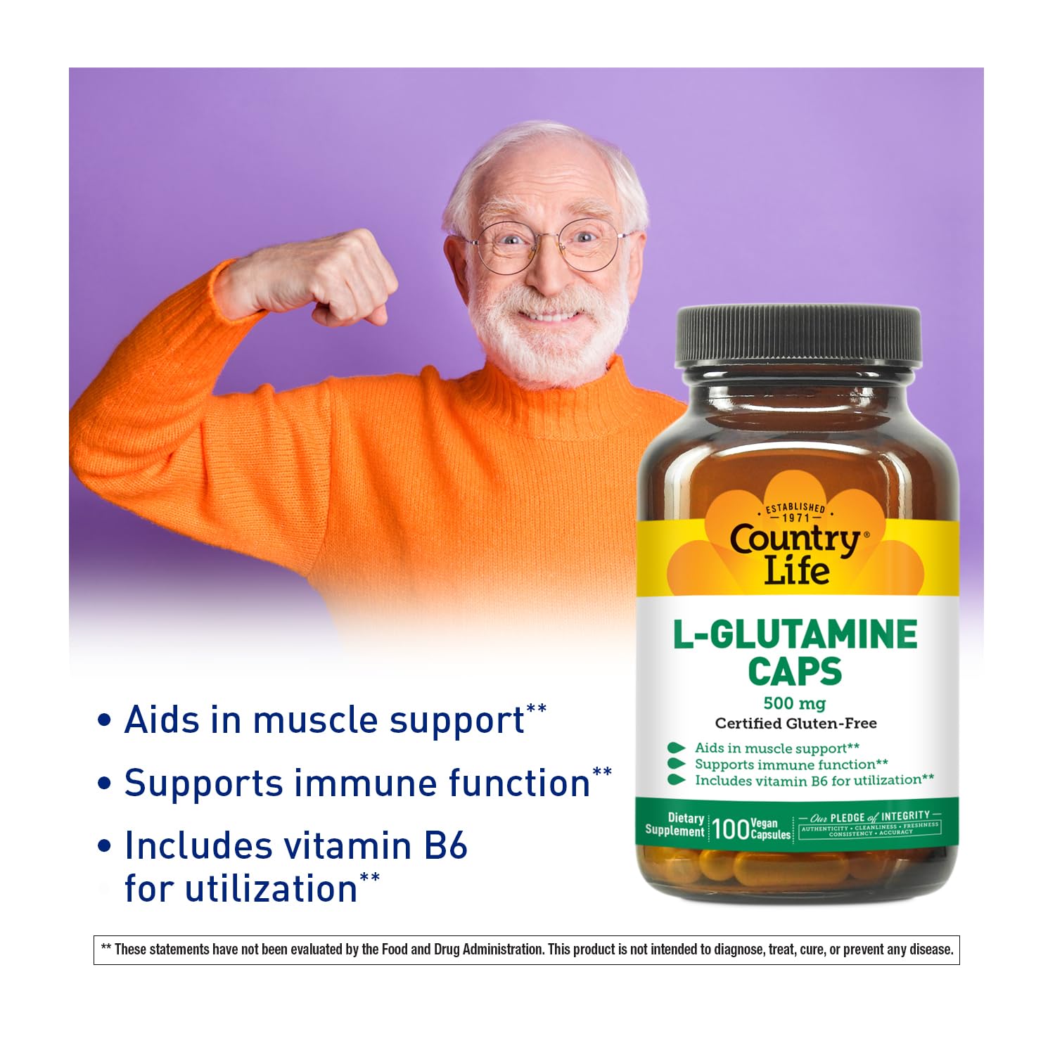 Country Life L-Glutamine 500 mg with B6 – Supports Muscle Recovery, Endurance & Athletic Performance – Vegan, Gluten-Free, Kosher Amino Acid Supplement – 100 Capsules — Amazon image 2