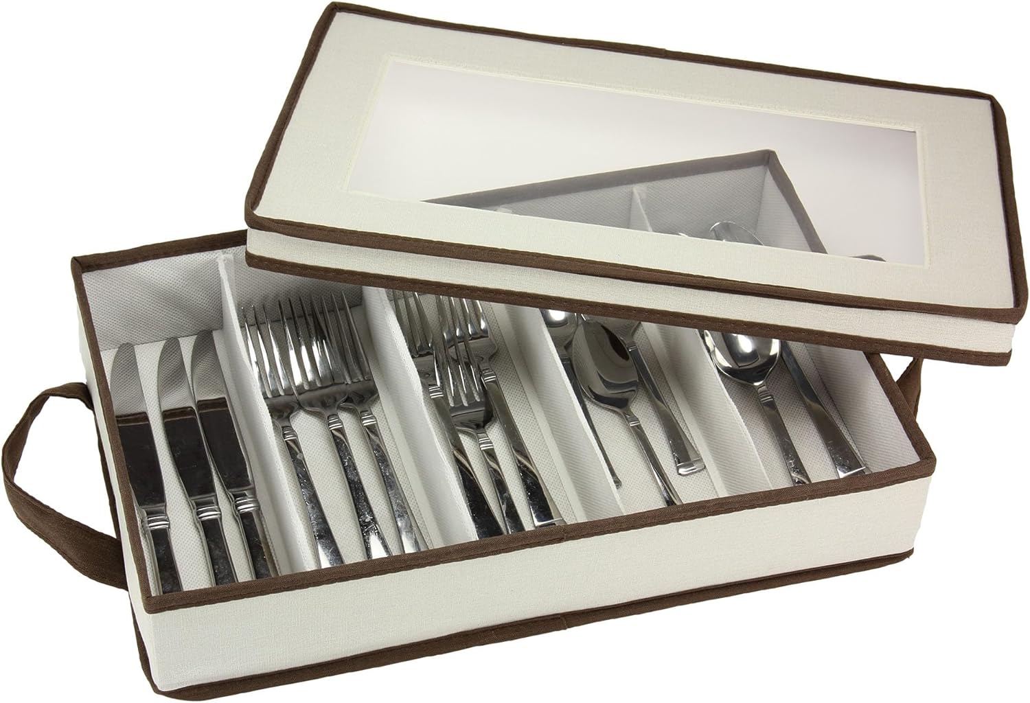 Household Essentials Flatware Storage Chest with Separate Serving Utensil Pouch | Natural Canvas with Brown Trim