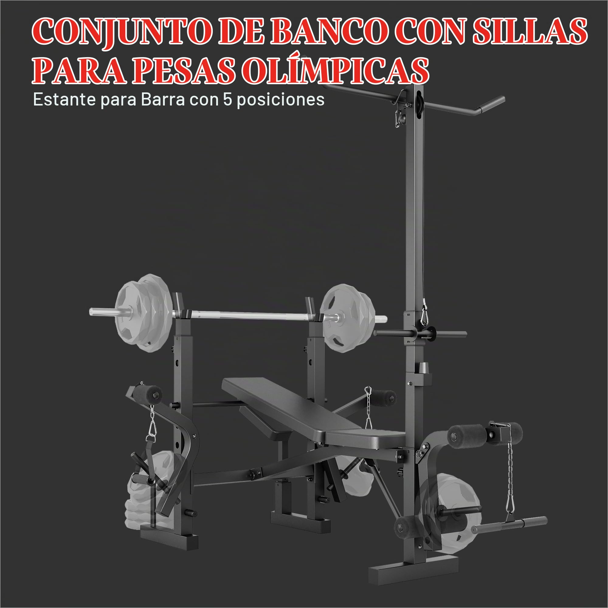 Banco De Pesas Ajustable 4 En 1 Para Gimnasio En Casa - Con Rack Para Barra, Extensión De Piernas, Pad Rizo Predicador y Articulación Mariposa - Plegable y Soporta 900 Lb Para Entrenamiento Completo