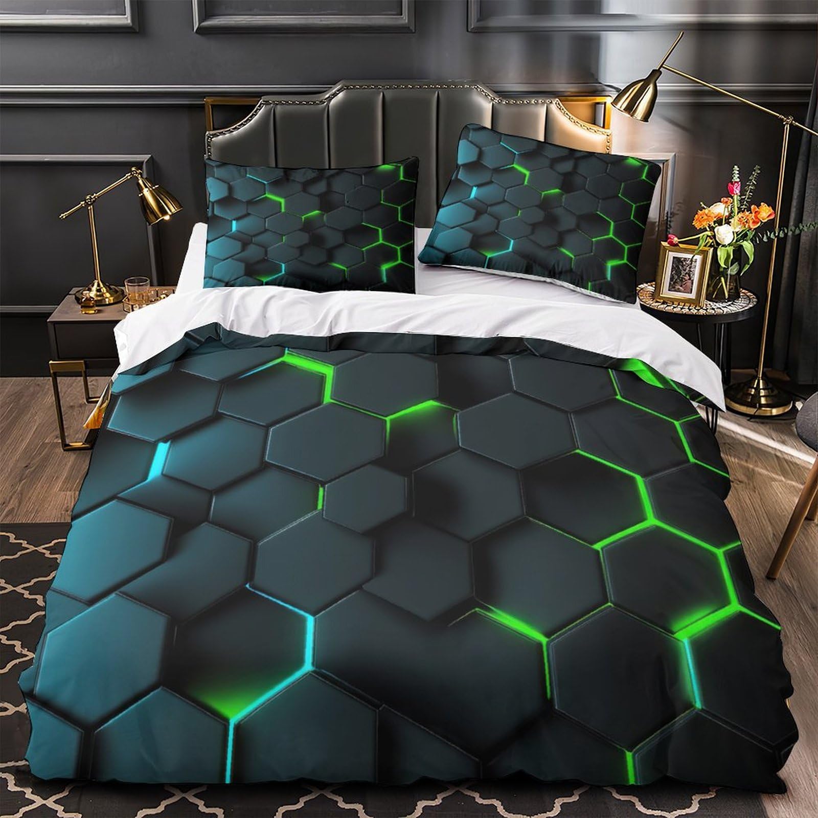 Housse de couette motif hexagonal 3D 135x200 parure de lit single pour chambre d'ado