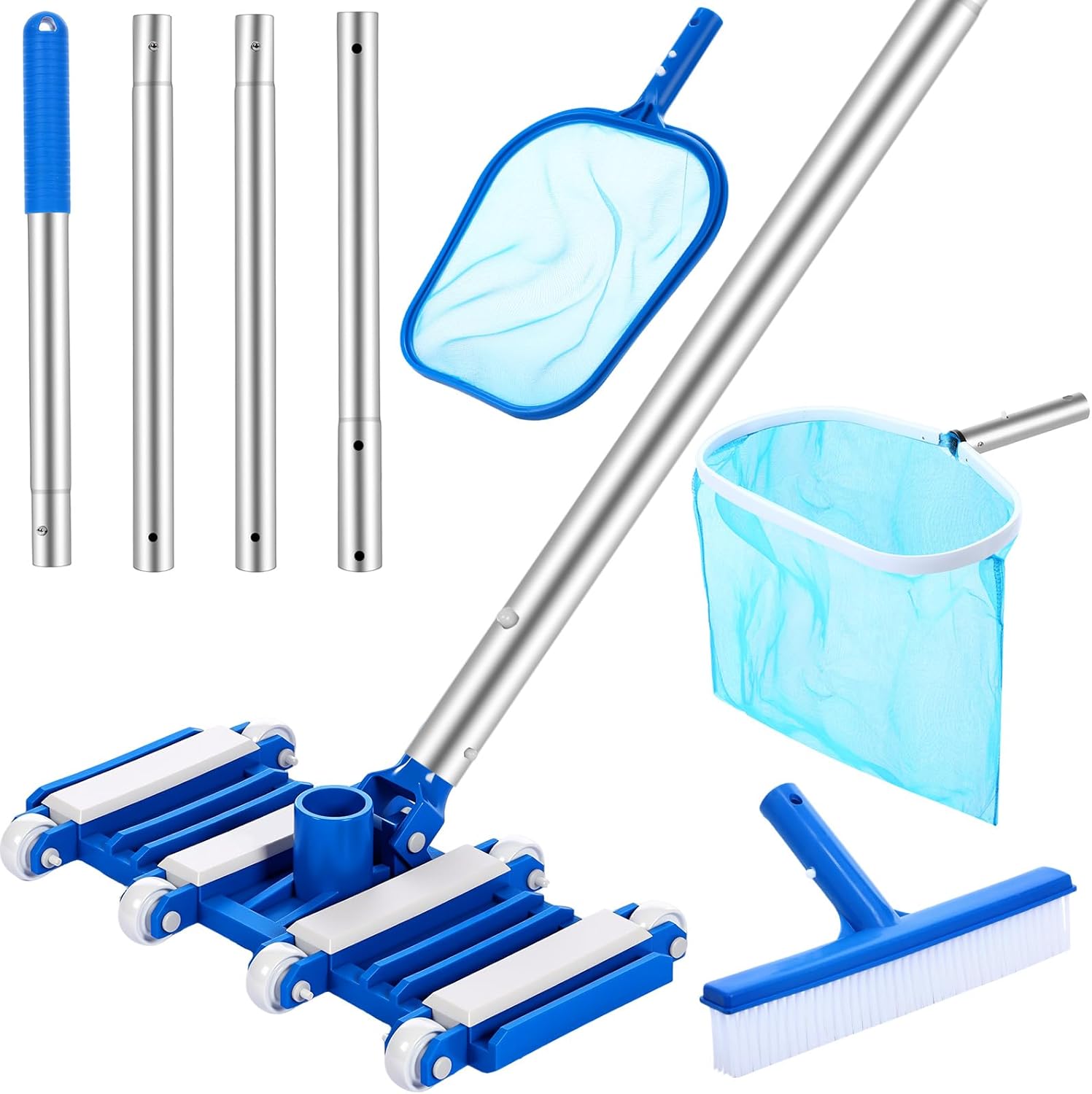 Tioncy 5 Pcs Pool Vacuum Cleaning Kit Includes Right Corner Pool Vacuum, 2 Skimmer Nets with 47" Adjustable Pole and 1 Brush for Above Ground Ponds Hot Tub Spa Wall Floor Cleaning Maintenance