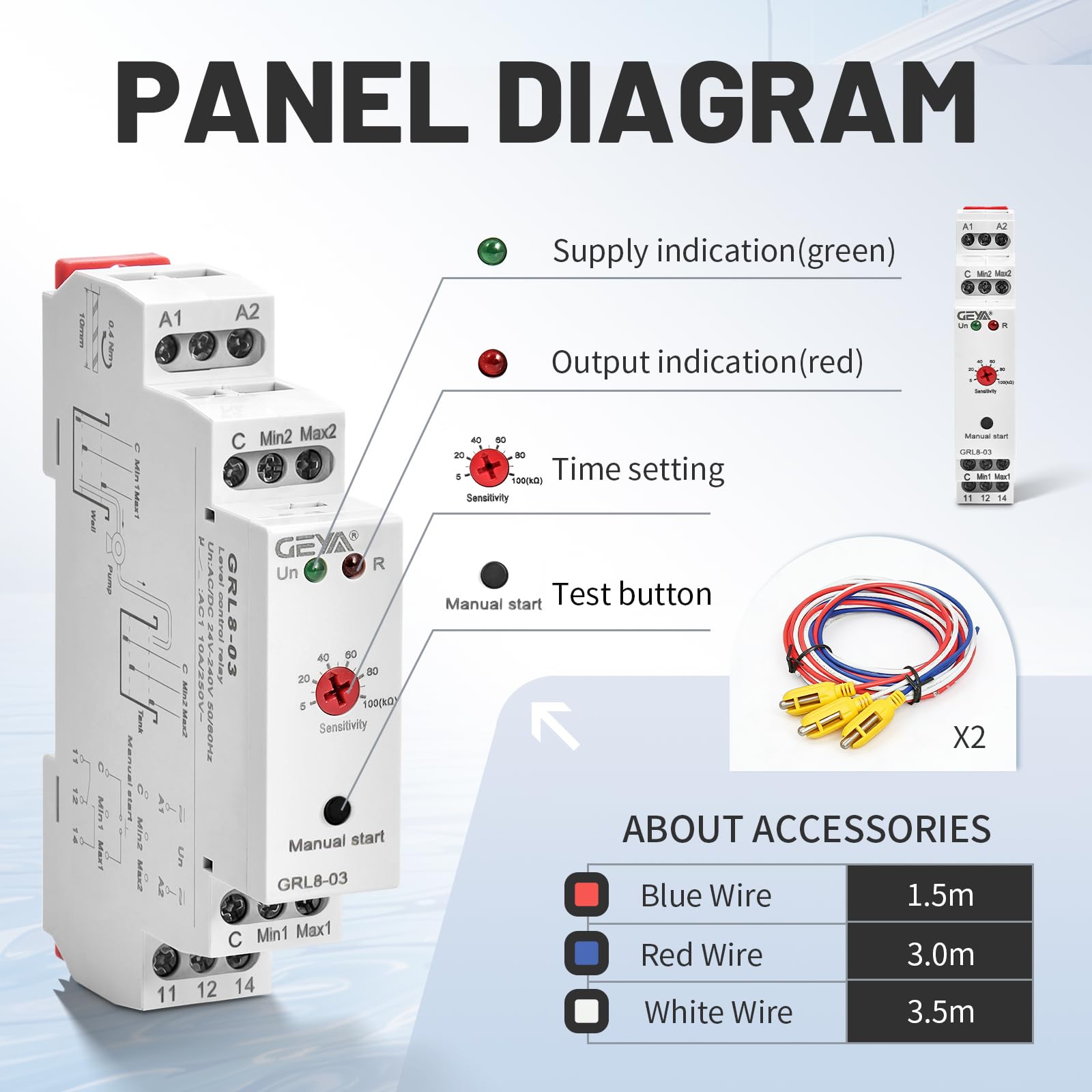 GEYA Przekaźnik do regulacji poziomu płynu w studni i zbiorniku z sensorycznym nadzorem poziomu płynu 10A (GRL8-03+Sensor, AC/DC 24V-240V)