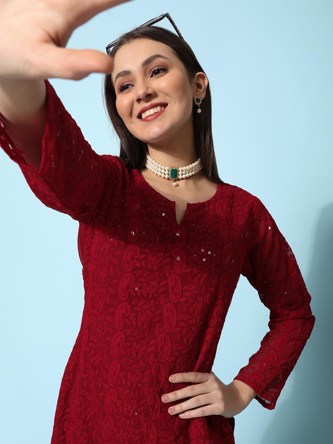 Gufrina Women's 3/4 Sleeve Lakhnavi Embroidery Work Kurta With Chikankari Palazzo Set - Elegant Ethnic Wear (Maroon S)