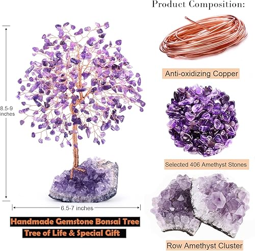Miniatura 3 de Piedra preciosa natural (406 piedras), árbol de la vida de cristal de amatista, equilibrio de chakras, positivo Enegy Fengshui, decoración bonsái de