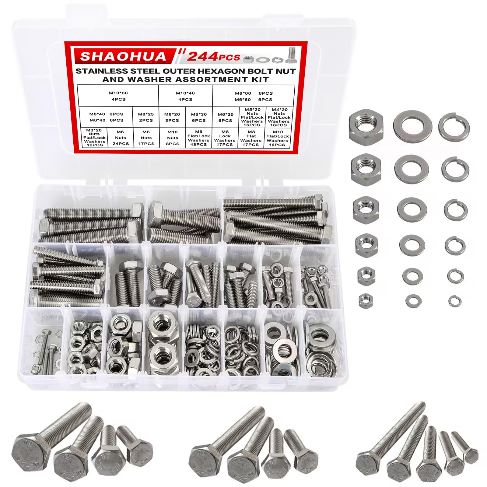 Metric Bolt Assortment, 244PCS M3 M4 M5 M6 M8 M10 Hex Bolts and Nuts Kit, 10-50mm Stainless Steel Bolts and Nuts Kit, Flat Hex Head Screws Bolts Nuts,