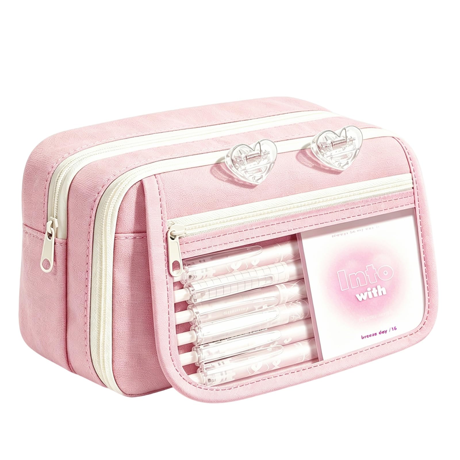 FUNLOV Large Capacity Pencil Case, Aesthetic Pencil Pouch with Compartments, Multiple Pockets, Pencil Bag with Sturdy Zipper, Cute Pencil Case Pouch Organizer for Student Teen Girls (Pink)