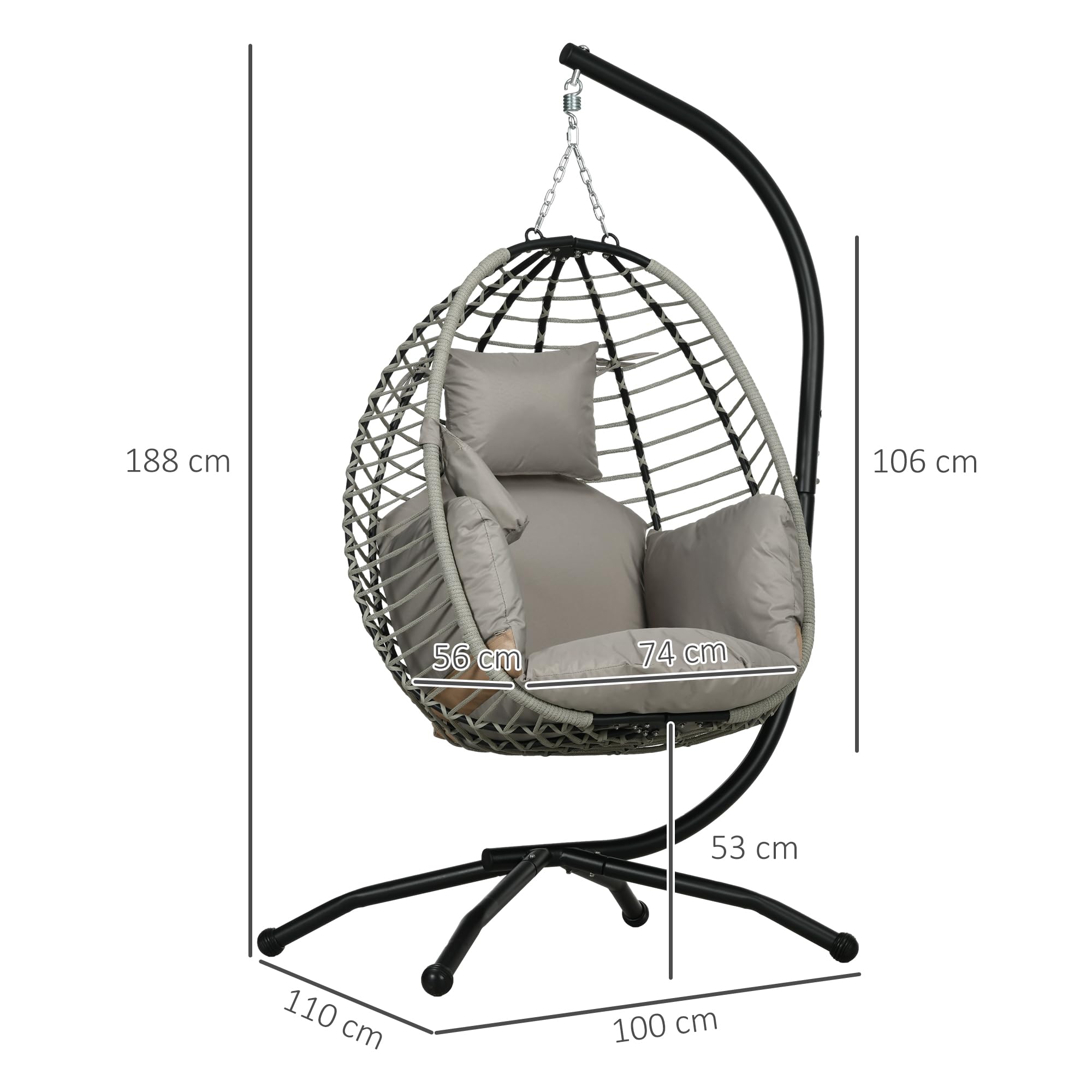 Outsunny Fauteuil œuf Suspendu balancelle Pliante avec Coussin et Support Usage intérieur extérieur métal Corde en polypropylène dim. 110L x 100l x 188H cm Gris