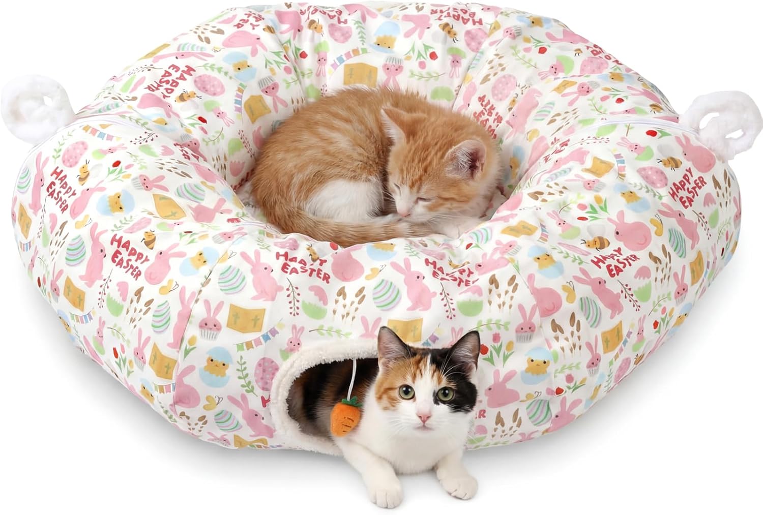Aliceset Easter Bunny Cat Tunnel Bed for Indoor Cats 3ft x 3ft x 10in Foldable Cat Donut Tunnel with Washable Cushion Easter Rabbit Peekaboo Cave Toy for Small Kitten Kitty