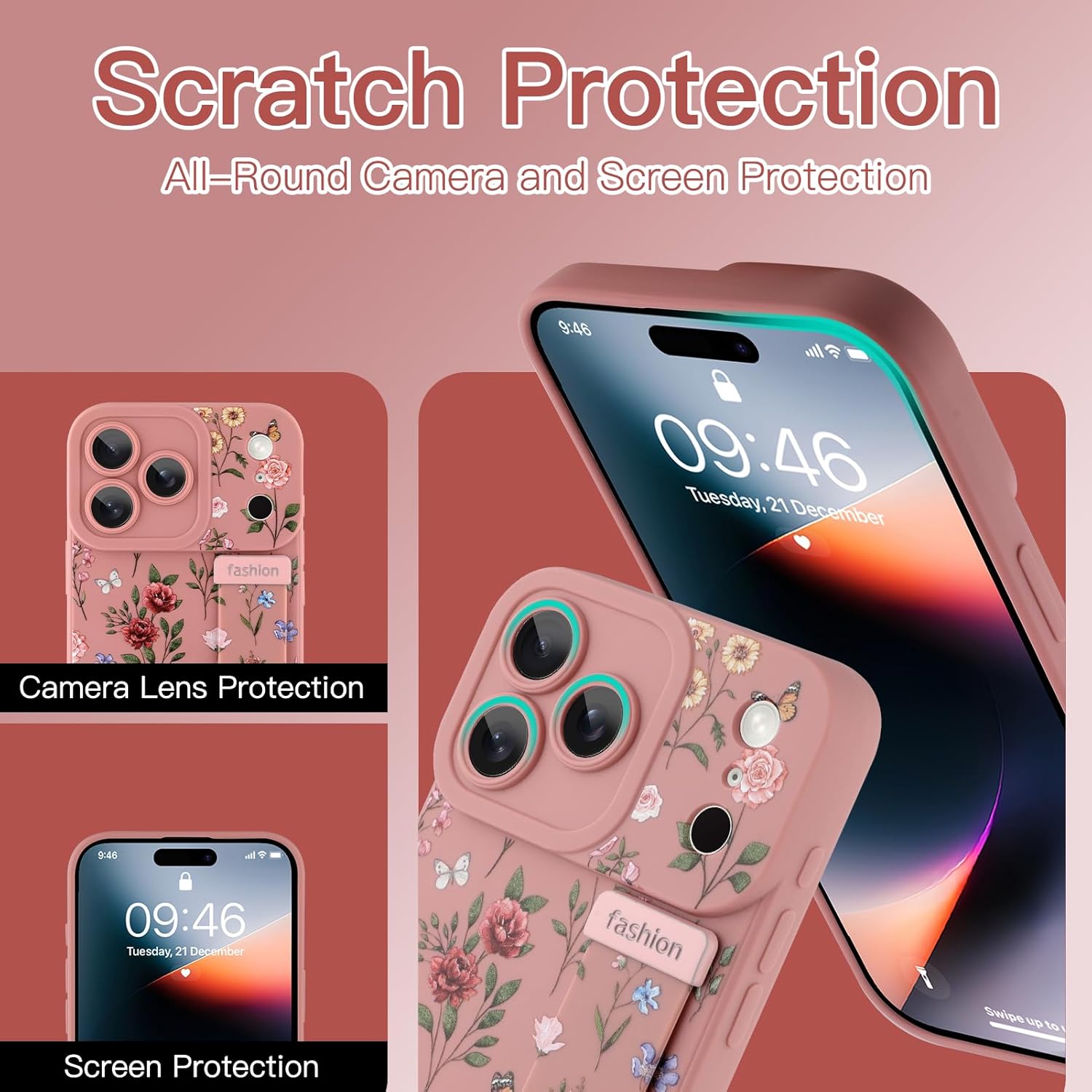 Compatible with iPhone 17 Pro Max Case with Wrist Strap, Cute Floral Flower Pattern, Soft TPU Phone Cover, Adjustable Wristband Kickstand Shockproof Protective Case for Girl Women, Pink - Image 2