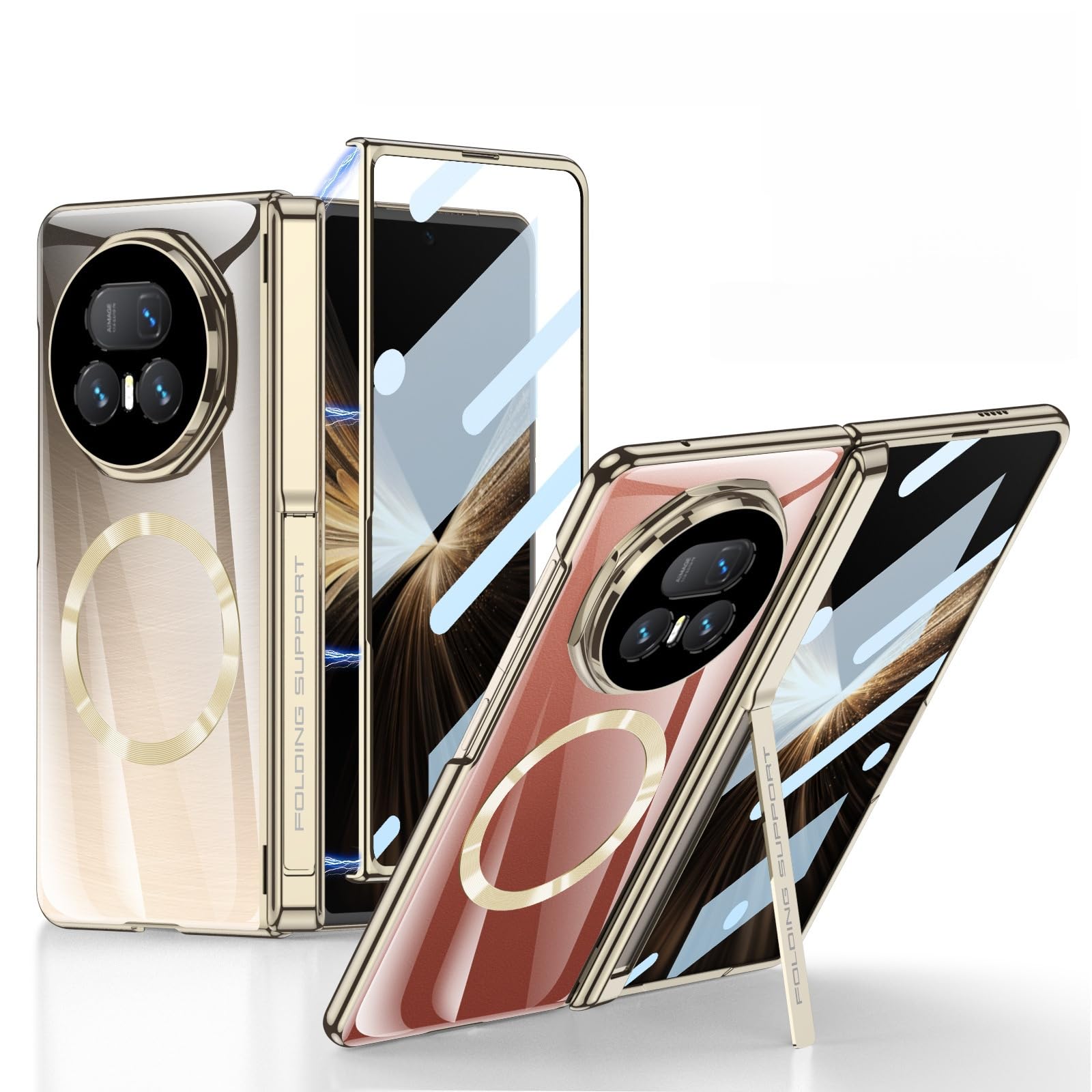 Clear Case for Honor Magic V5 - Wireless Charging Compatible, with Built-in Screen Protector, Hinge Protection, Camera Lens Guard & Stand, Shockproof Lightweight Case (Gold)