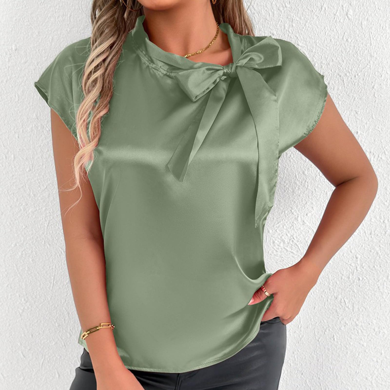 Women's Bow Tie Mock Neck Cap Sleeve Satin Shirts Blouses Office Ladies Elegant Dressy Business Casual Work Tank Tops Sage Green