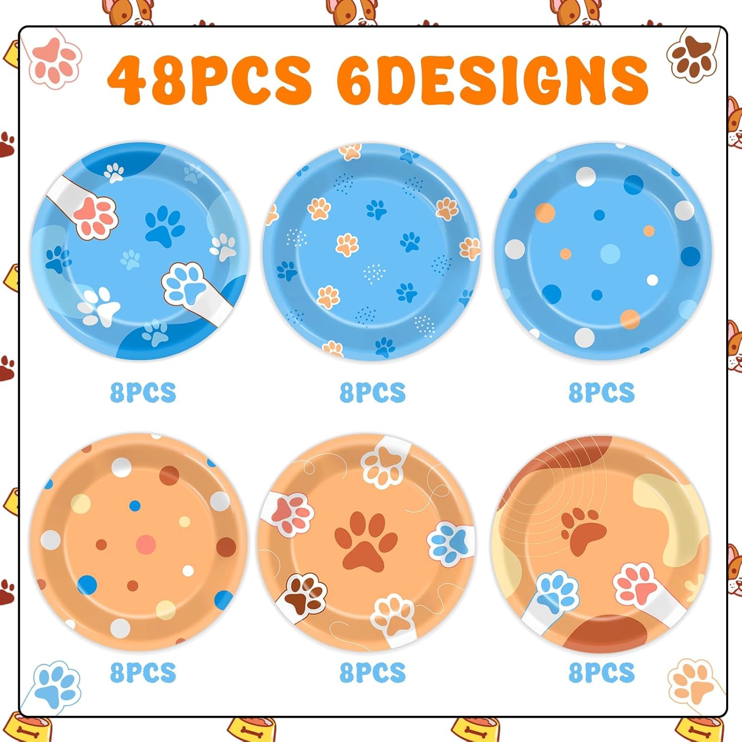 48Pcs 7" Blue Dog Birthday Party Paper Plates Puppy Supplies Blue Paw Dessert Tableware Set Paw Shaped Disposable Dinnerware Plates for Kids Girls Boys Cartoon Birthday Decorations Party Favors - Image 2