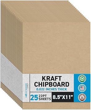 MagicWater Chipboard Sheet for DIY Projects - 8.5x11 Inch - 25 Pack - 22 pt - Heavy Duty Kraft 0.022 Inch Thick Paperboard, for Scrapbooking, Books, Picture Frame Backing, Arts Project & Crafts
