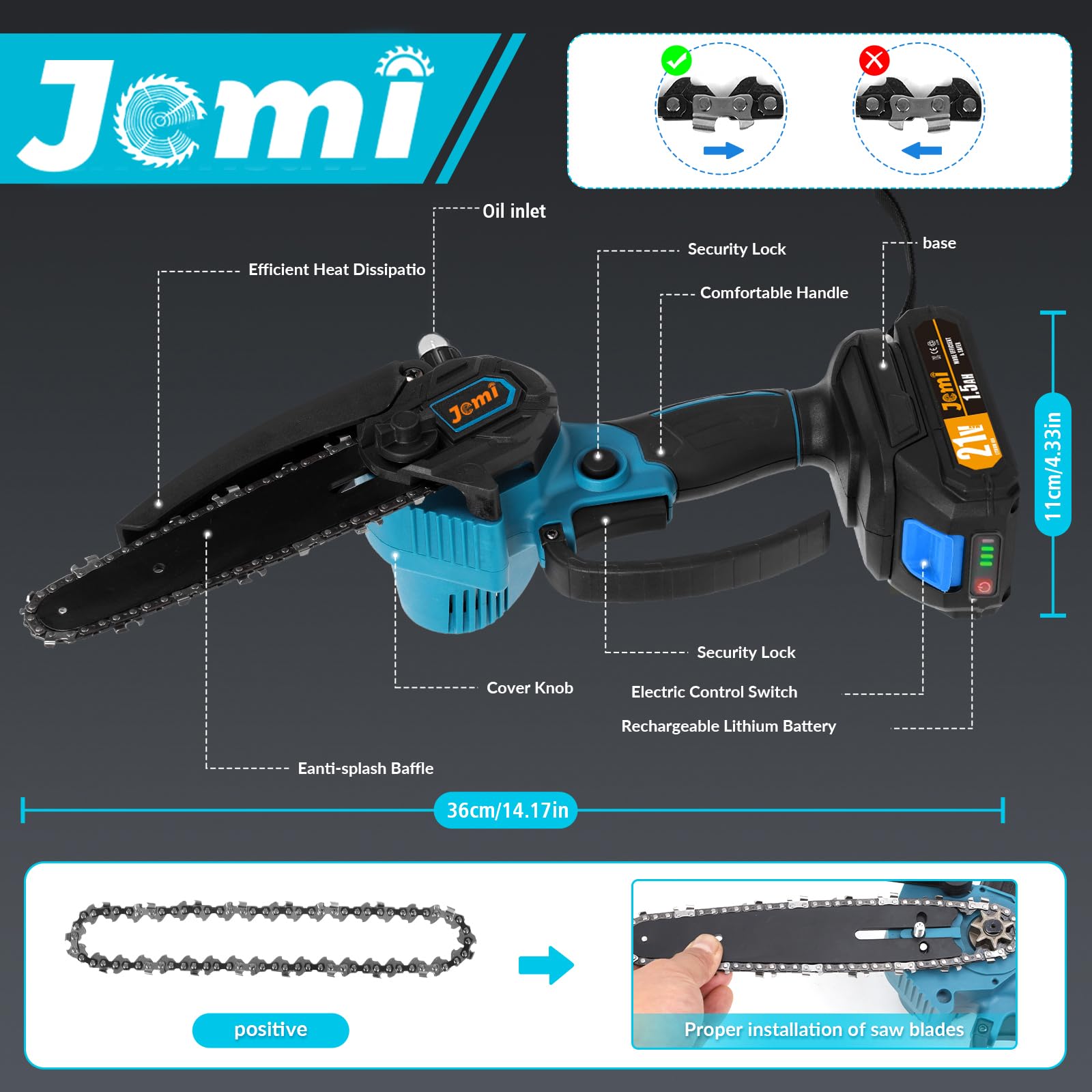 Jemi Mini Motosega 6 Pollice 1 Batteria | Pompa olio integrata, leggera e maneggevole per potatura, dimensioni e taglio di rami