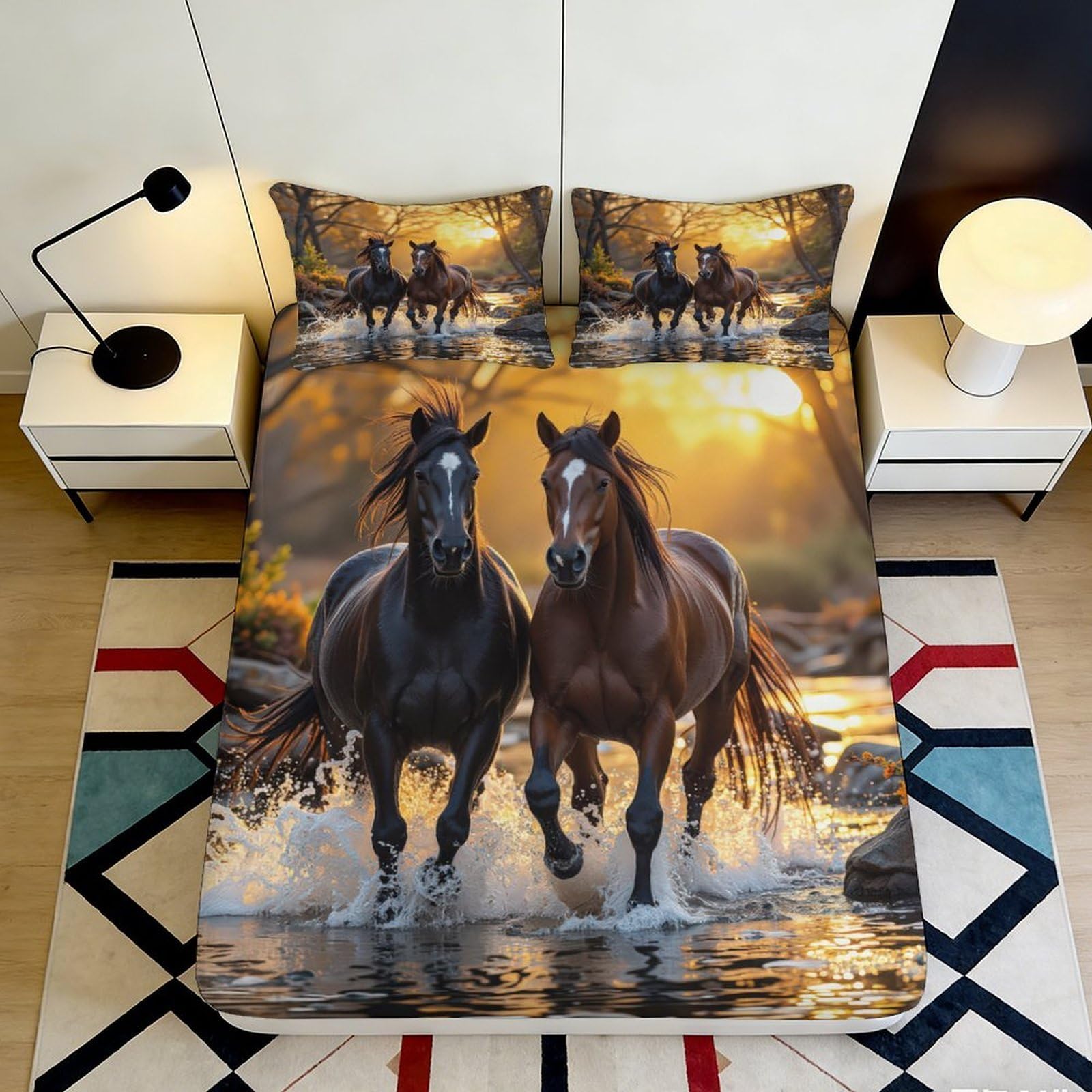 3D Printed Running Horse Fitted Sheet Microfiber Soft Brown Black Stallion Bed Cover for Bedroom Guest Room Decoration 90x200x25cm