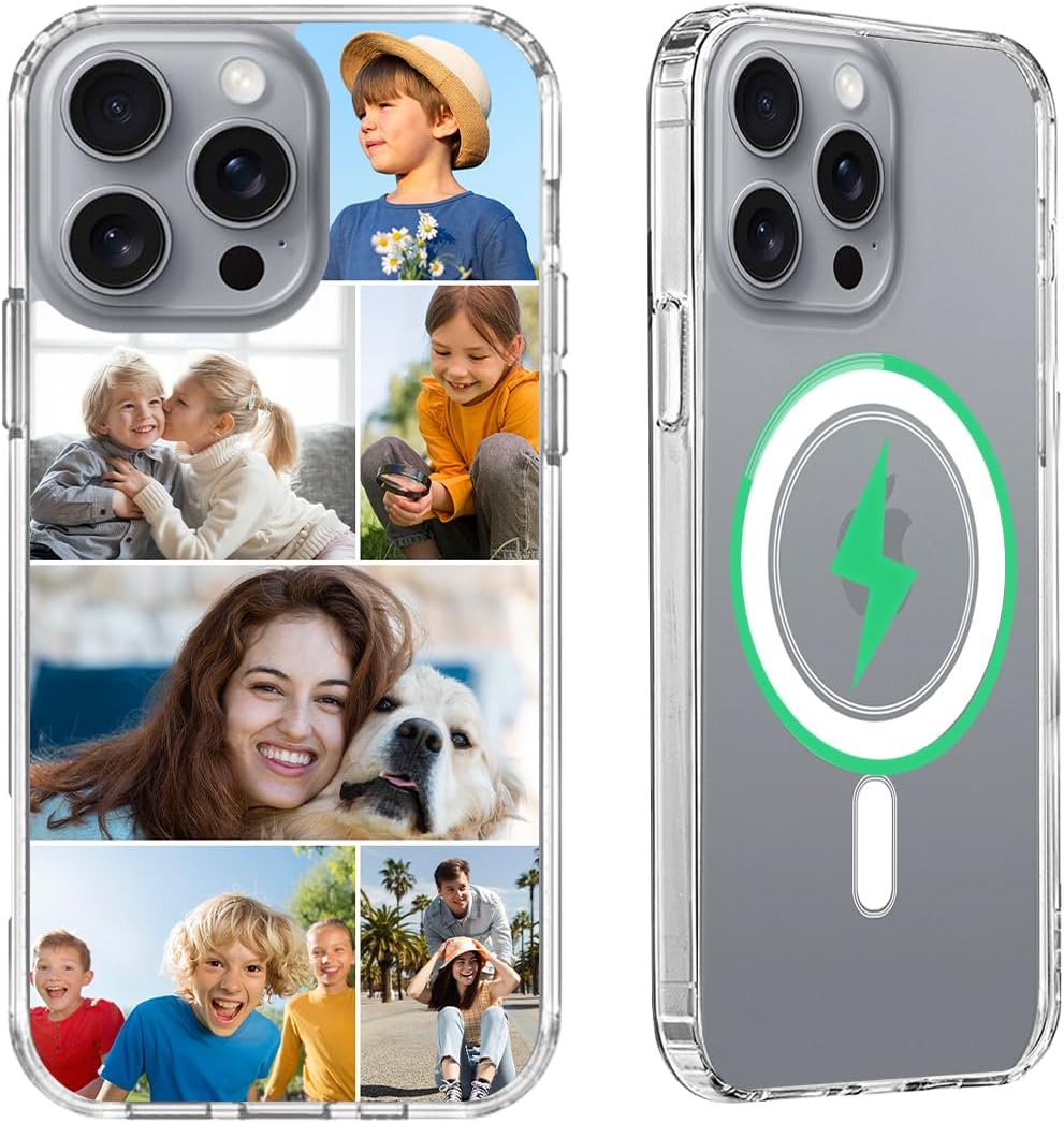 Design Your Magnetic Phone Case for iPhone 16 Pro Max [Compatible with Magsafe] Custom Multi-Photos Personalized Collage Picture Cover Military Drop Protection Shockproof Bumper Slim Thin Shell, Clear