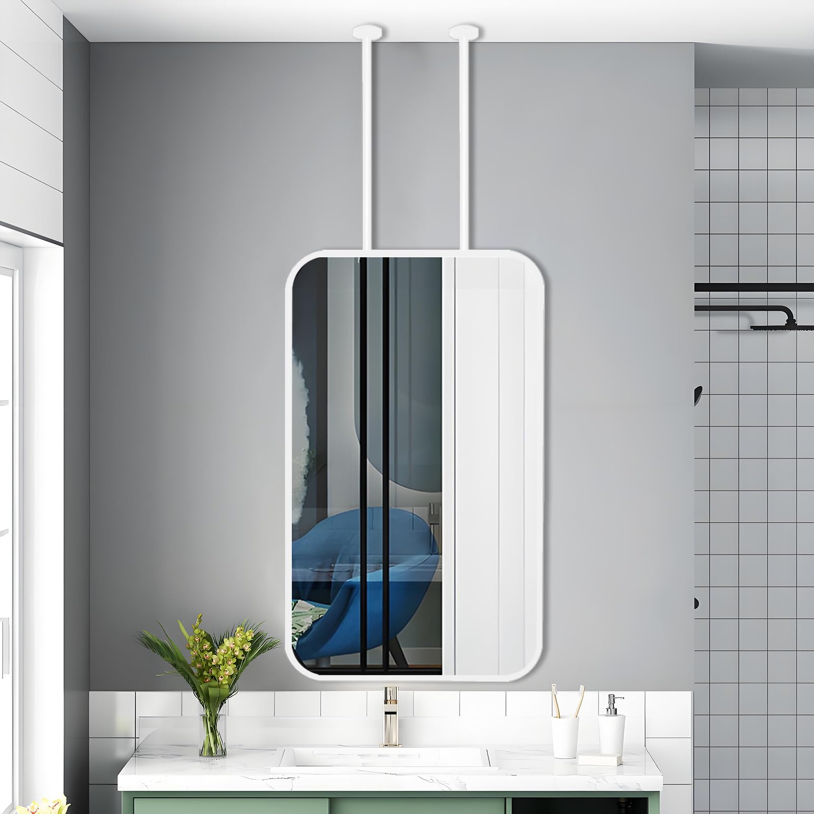 FGXHHS Ceiling Hanging Mirror with White Metal Framed, Wall for Bathroom Vanity Make-up Mirrors Washroom Shaving Mounted -Customizable Boom(50cmx60cm)