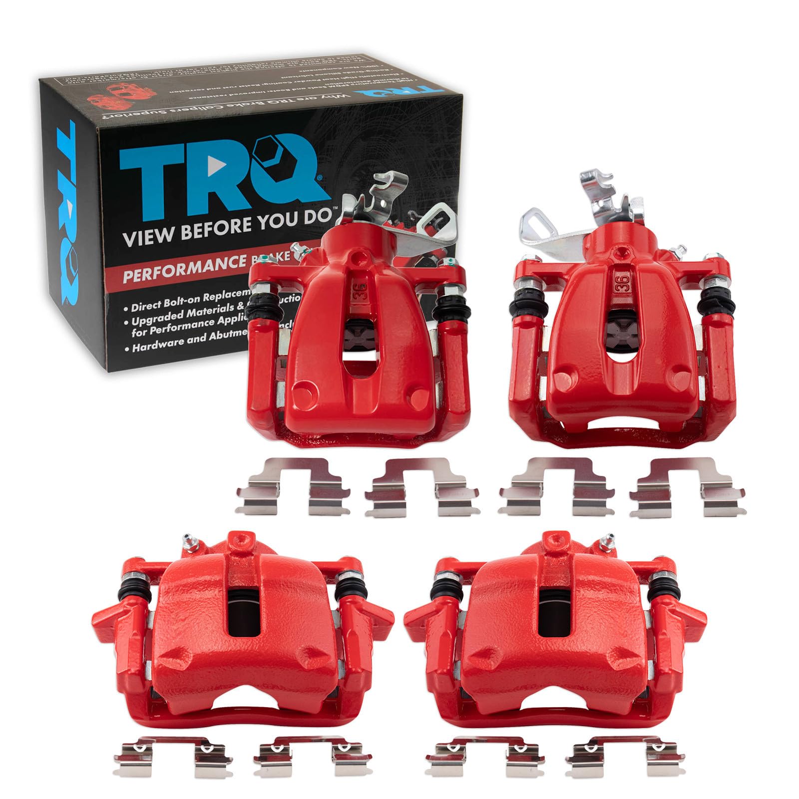 TRQ Performance Front and Rear Brake Caliper Set Caliper Brackets Hardware Compatible with 09-13 Mini Cooper without John Cooper Works Package with