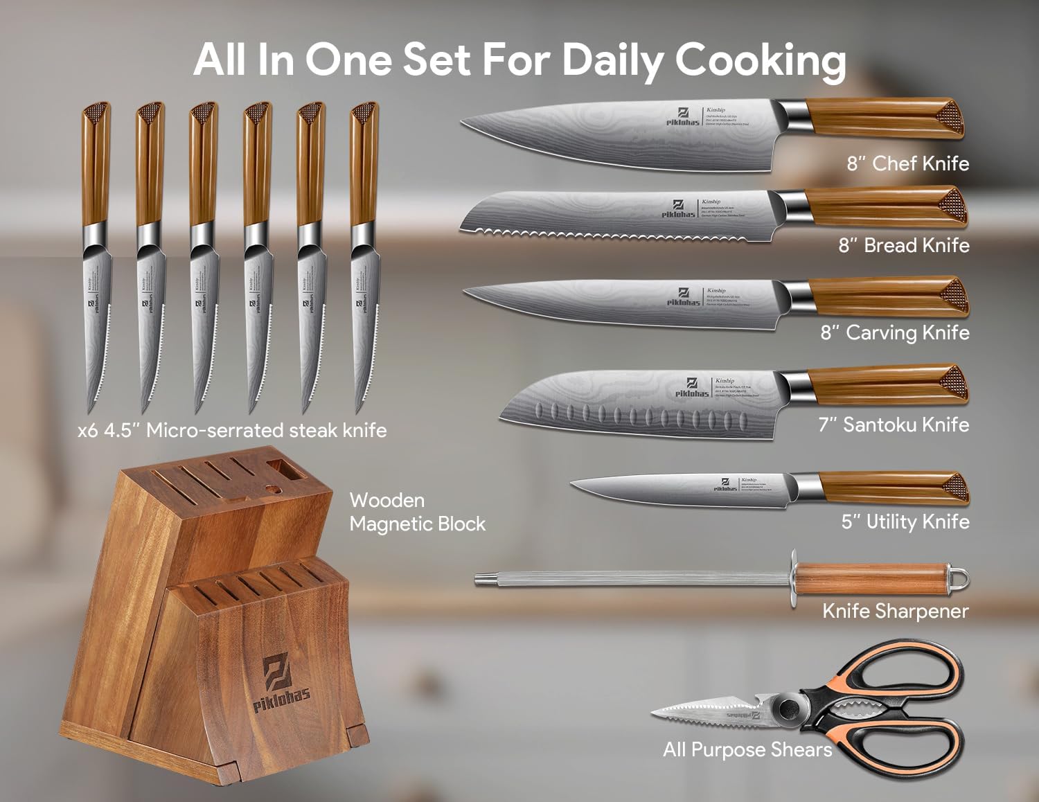 Kitchen Knife Sets With Block, Piklohas 15 Pieces Knife Sets With Magnetic Detachable Knife Holder, High Carbon Steel Damascus Pattern Chef Knife Set With Steak Knives, Ideal For House Warming Gift - Image 6