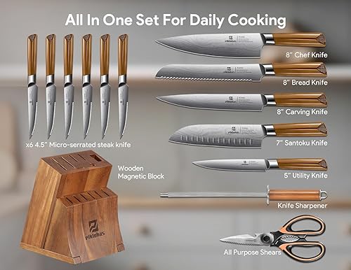 Vista 6 de Kitchen Knife Sets With Block, Piklohas 15 Pieces Knife Sets With Magnetic Detachable Knife Holder, High Carbon Steel Damascus Pattern Chef Knife