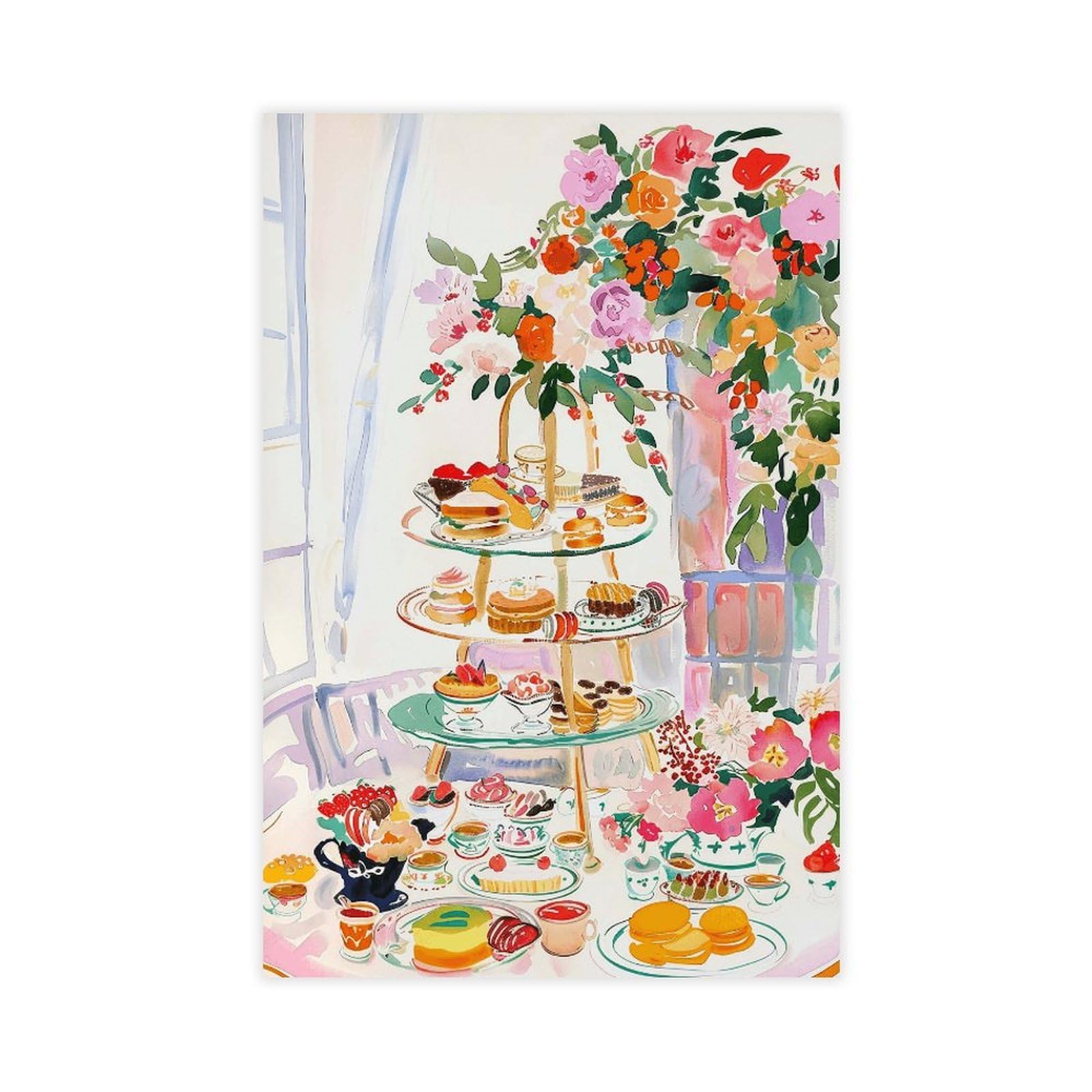 NFFBGFD Afternoon Tea Print, Watercolor Painting Canvas Poster Bedroom Decor Landscape Decor Gift 12x18inch(30x45cm)