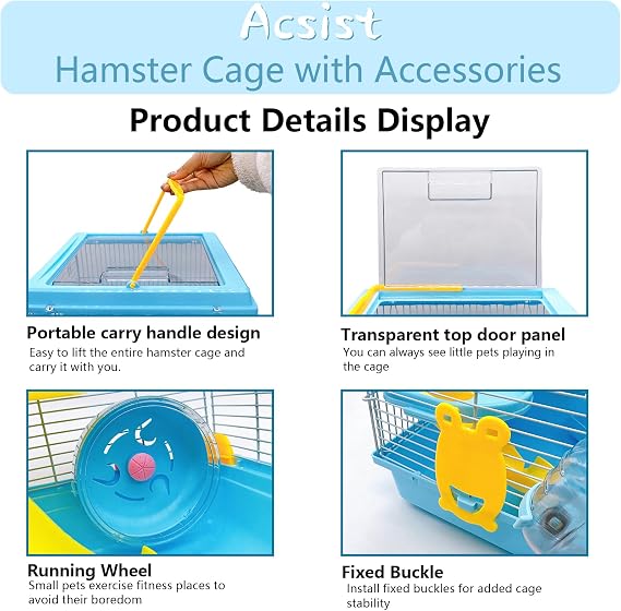 2-Tier Portable Dwarf Hamster Travel Carrier Small Animal Cage,Blue