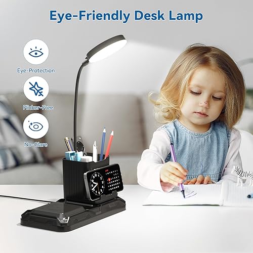 Miniatura 4 de KDD Lámpara de escritorio 4 en 1 con cargador inalámbrico, lámpara de mesa pequeña de cuello de cisne giratoria de 360 con soporte para bolígrafo y