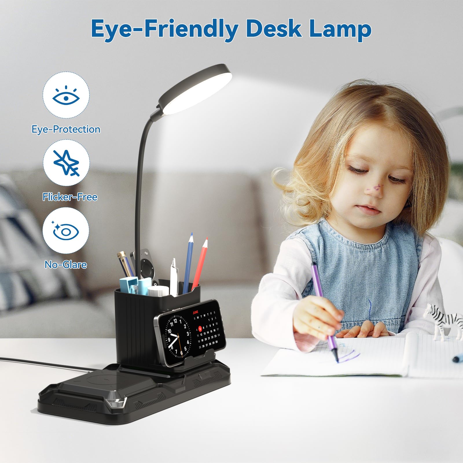 KDD Lampara Escritorio con Carga Inalámbrica, 4 en 1 Flexo LED Escritorio con 2 Modos 3 Niveles de Brillo Regulable, Plegable Lampara de Mesa con Cuello Cisne 360° para Cama Oficina Estudiar Luz Noche