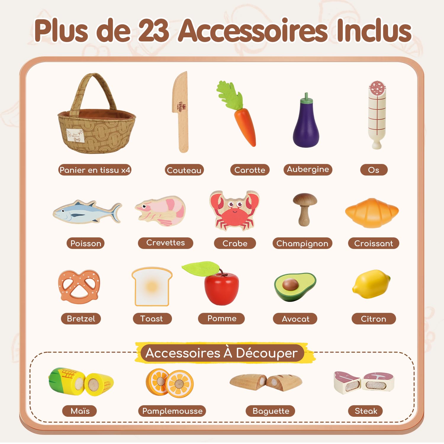 Lehoo Castle Accessoire Cuisine Enfant, Jouet de Cuisine en Bois, Accessoires Cuisine Enfant avec Panier en Tissu, Jouet Alimentaire, Jouet Montessori 3 4 5 6 7 Ans