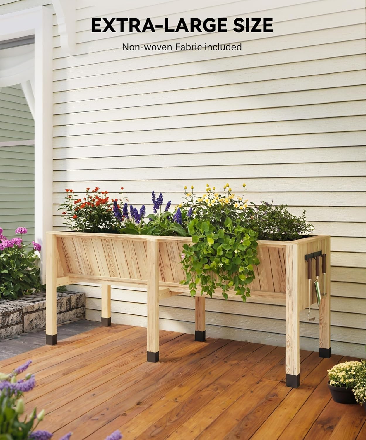Garvee Huerto Urbano de Madera de Abeto, Cama de Cultivo Elevada 183x60x77cm, Jardinera con Ruedas y Frenos, Macetero Exterior para Verduras con Forro y Ganchos de Almacenamiento, Natural